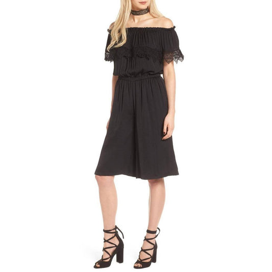 DEVLIN Gwen Off the Shoulder Culottes Jumpsuit Romper Black, Lace Detail