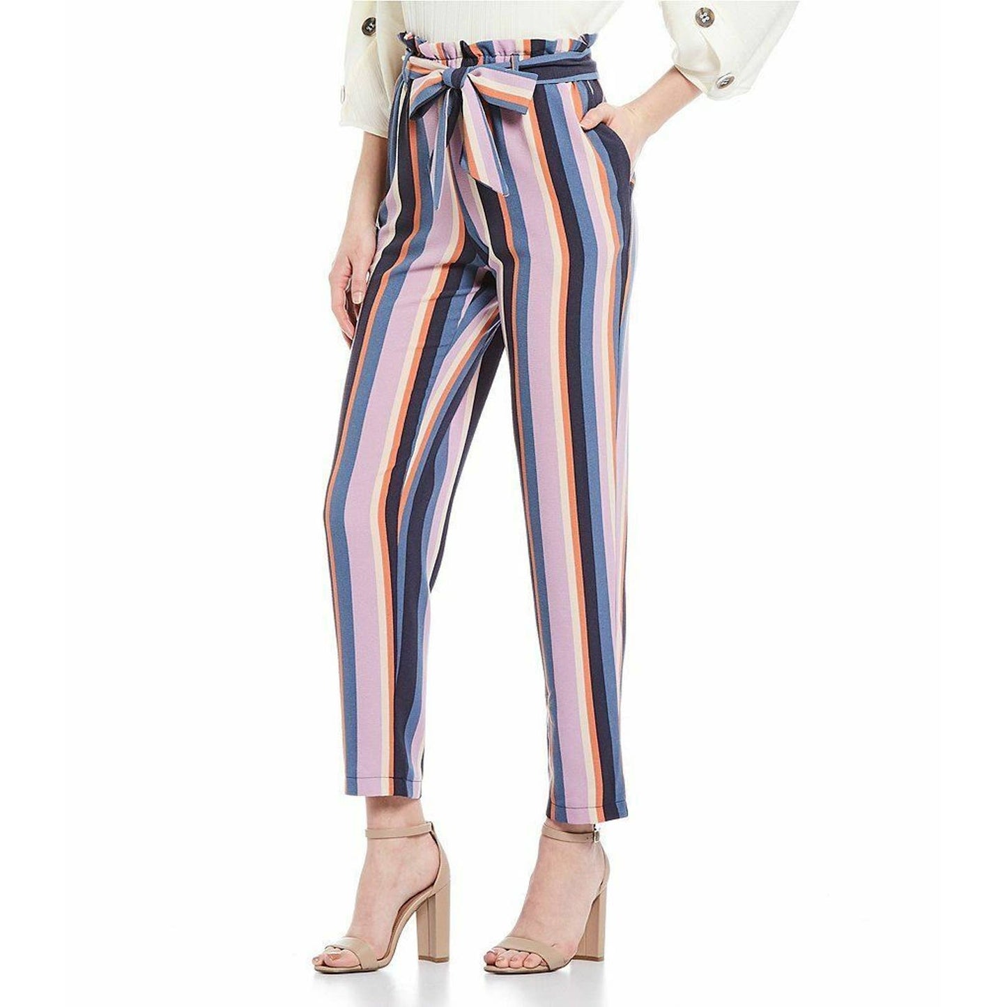 JUNE & HUDSON LADIES JUNIORS PAPERBAG WAIST STRIPED PANTS, L, NWT