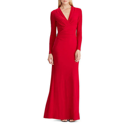 LAUREN RALPH LAUREN LADIES ROWENAH RUCHED JERSEY SURPLICE BALL GOWN, RED