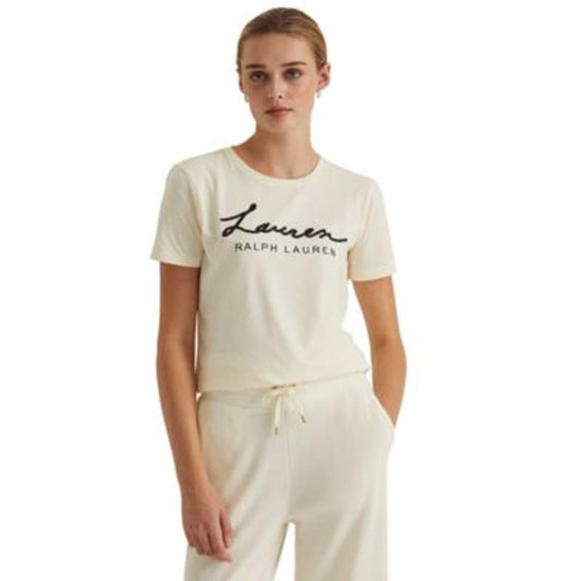 Lauren Ralph Lauren Women's Pale Cream & Black Script Logo Jersey Tee Shirt