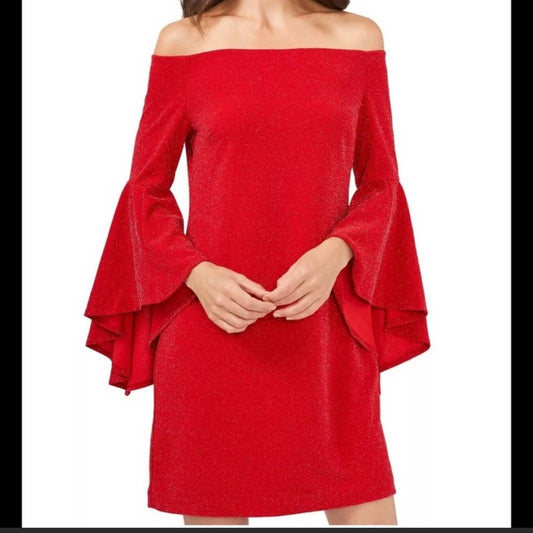 Vince Camuto Red Glitter Bodycon Dress w/ Bell Sleeves, Off-the-Shoulder