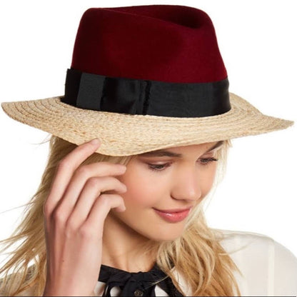 Kate Spade Maroon, Tan, & Black Wool & Raffia Fedora