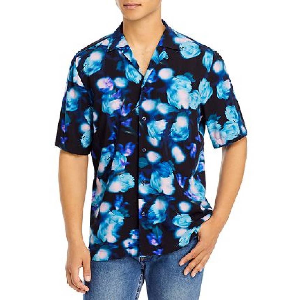 HUGO Ero3-w Abstract Floral Print Straight Fit Button Down Camp Shirt In Bright Blue
