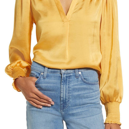 Vince Camuto Yellow Gold Satin Blouse, V-Neck, Ruched Sleeves