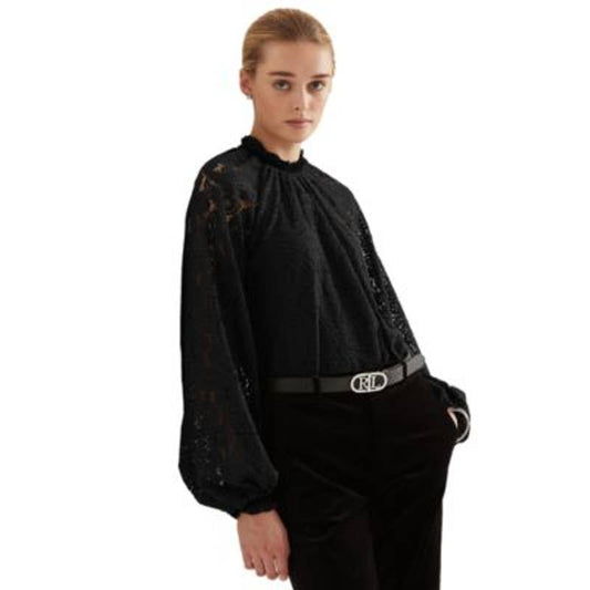 Lauren Ralph Lauren Women's Black Lace Paisley Blouse, Long Sleeve, High Neck, S