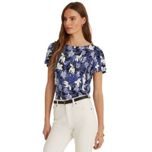 Lauren Ralph Lauren Floral Flutter Sleeve Tee Shirt, Navy Blue & Cream, Size M