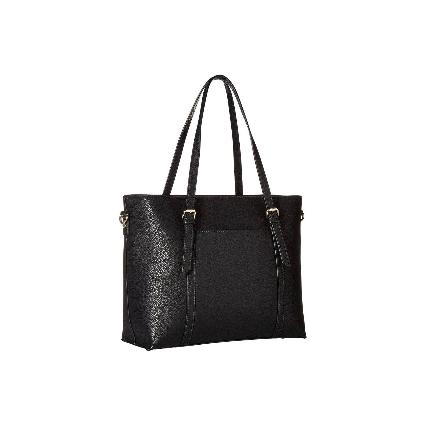 CALVIN KLEIN PYC EAST WEST LEATHER TOTE DOUBLE STRAP, BLACK SILVER