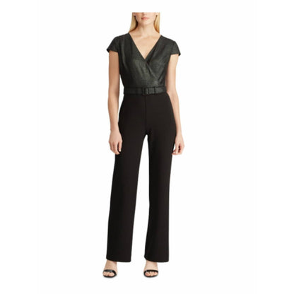 Ralph Lauren Women's Surplice Jumpsuit Black Glitter Cap Sleeve V-Neck