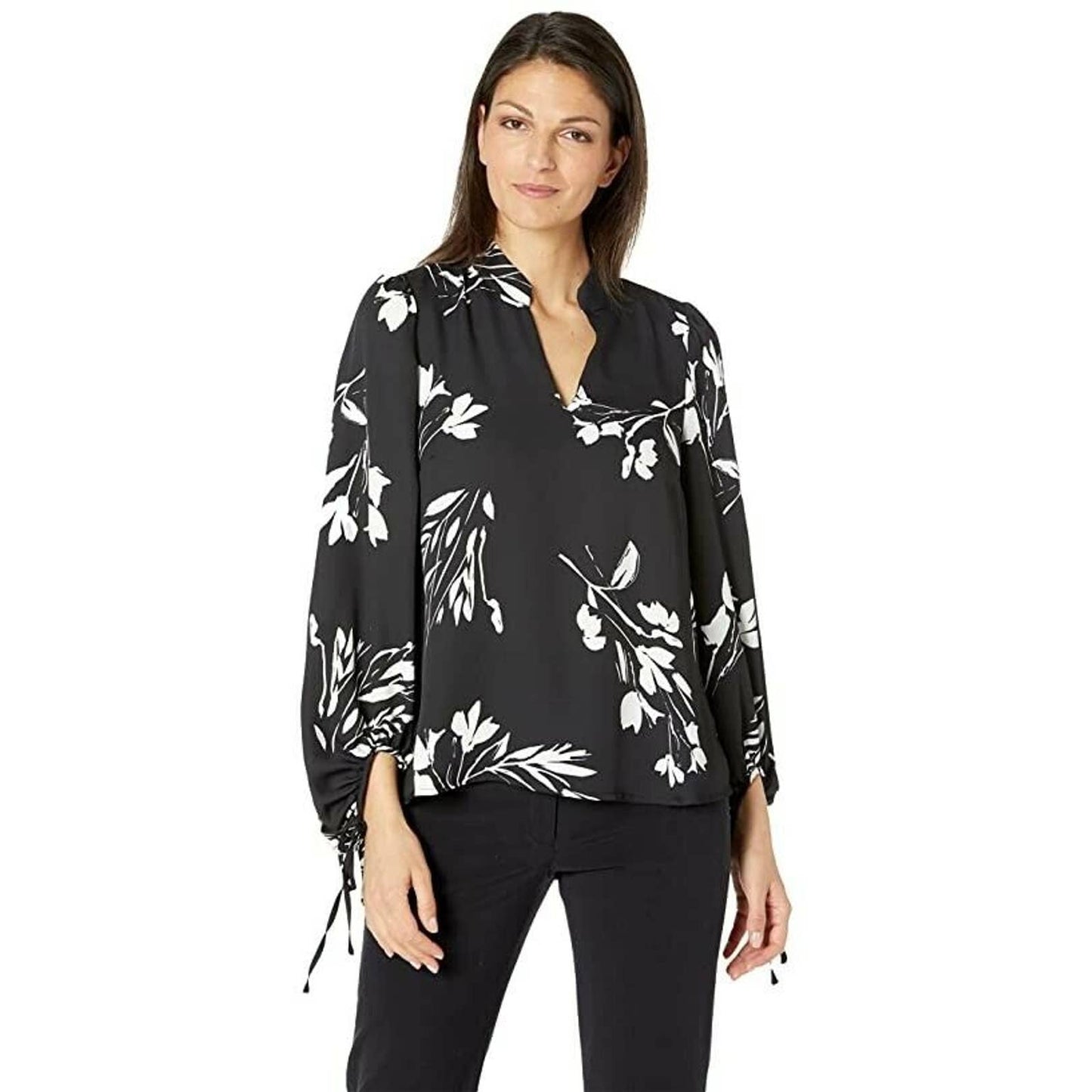 Vince Camuto Floral Whispers Tie-Sleeve Blouse Rich Black, NWT