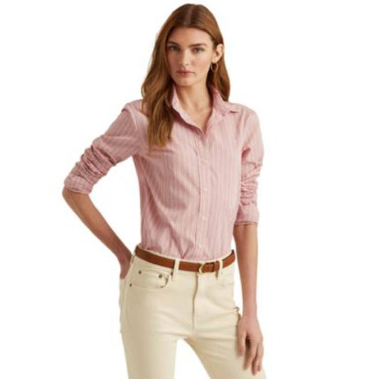 Lauren Ralph Lauren Women's Pink, White, & Purple Striped Broadcloth Shirt, S