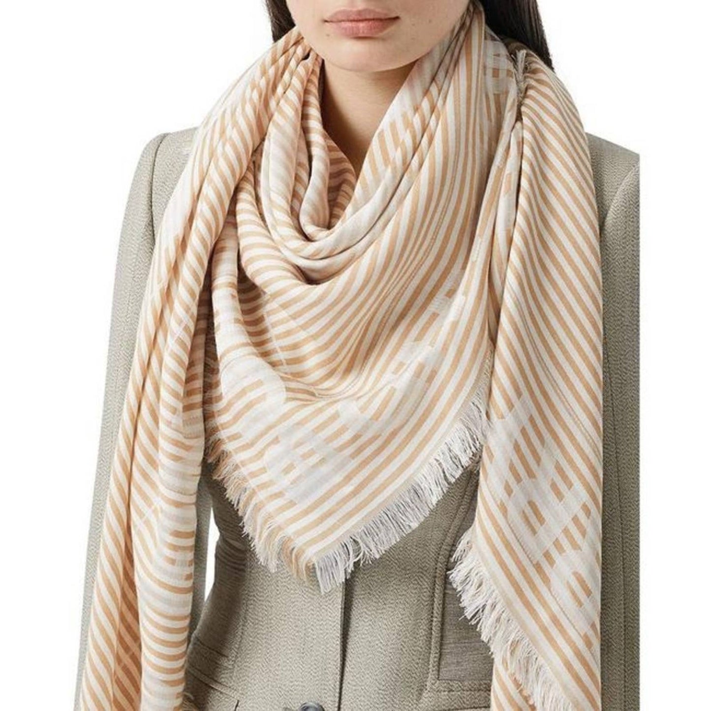 Burberry Archive Beige & Ivory Striped Logo Monogram Silk Jacquard Square Scarf!