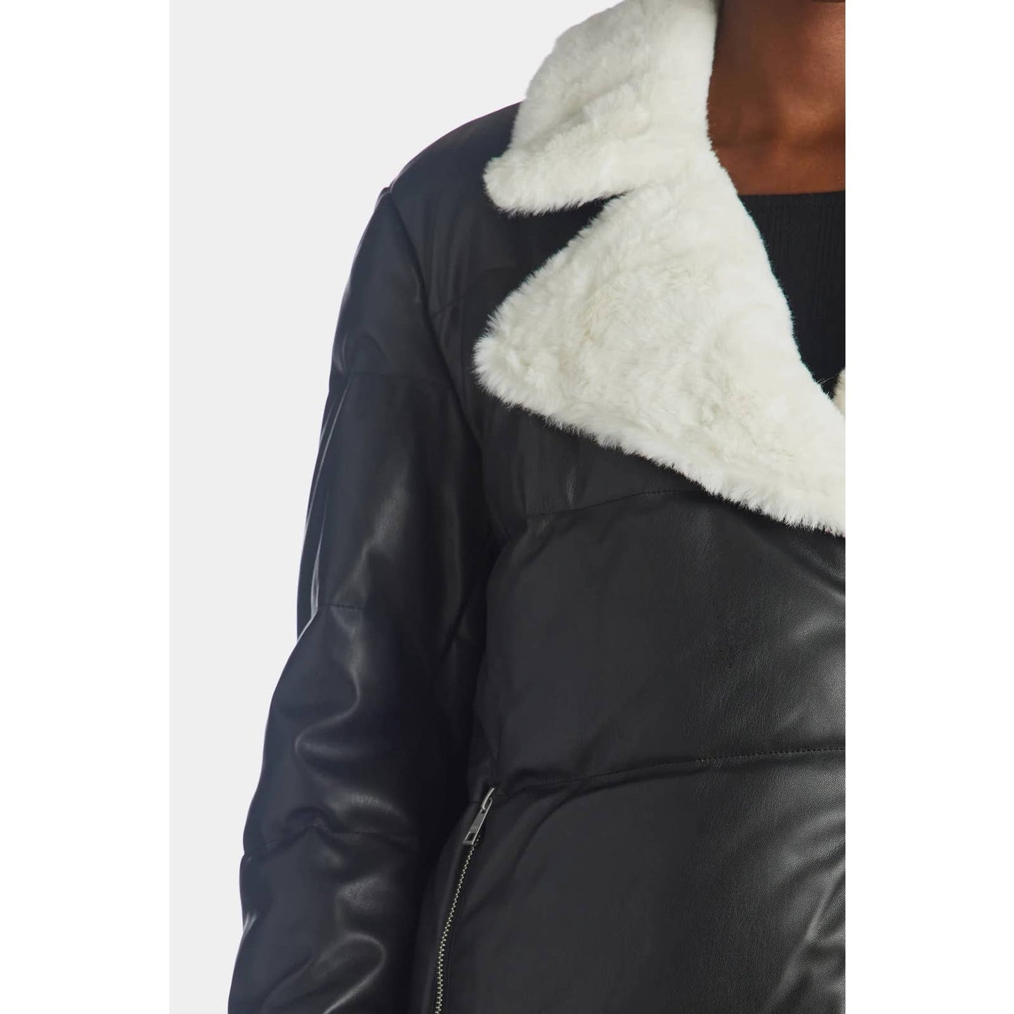 Asymmetrical Vegan Leather Moto Puffer Jacket Faux Fur Trim