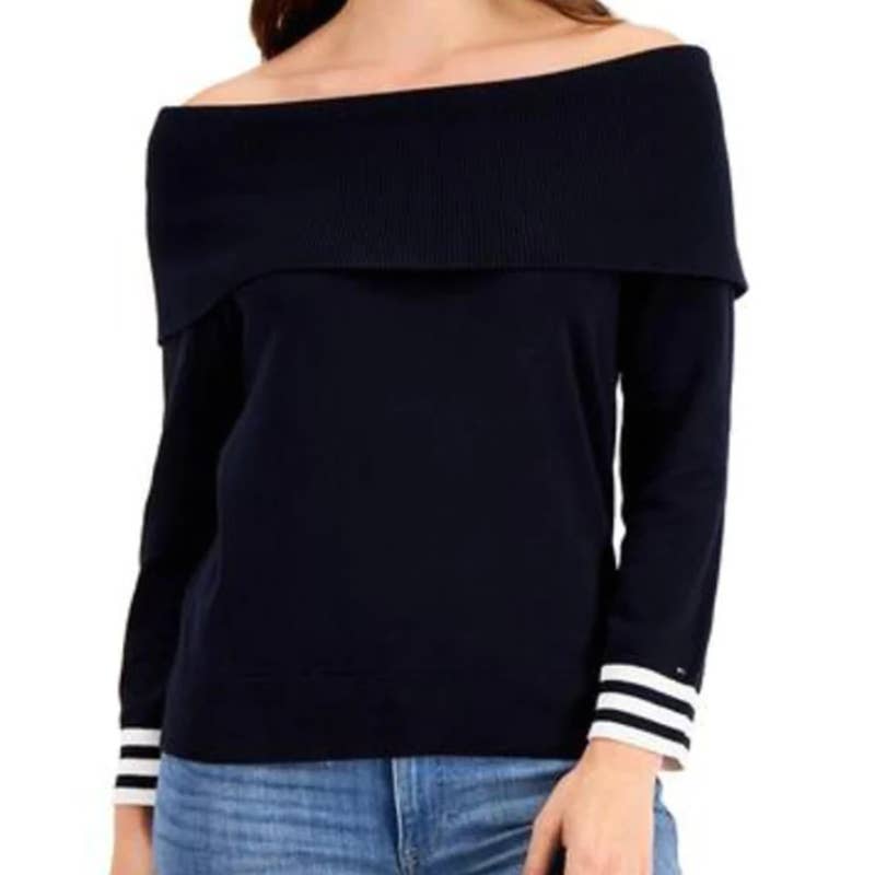 Tommy Hilfiger Ladies Navy Blue & White Off-the-Shoulder Cowl Neck Sweater