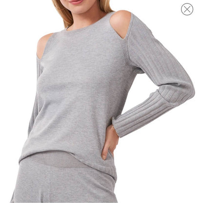 Vince Camuto Light Gray Cold Shoulder Sweater w/ Ribbed Accents