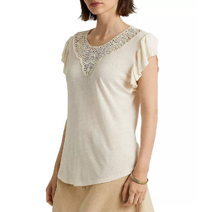 Lauren Ralph Lauren Linen-Blend Jersey Flutter-Sleeve Blouse Mascarpone Cream