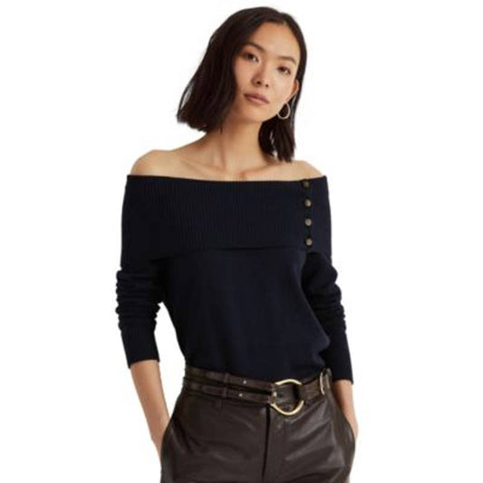 Lauren Ralph Lauren Women's Cotton Navy Blue Off-the-Shoulder Ribbed Sweater, XL