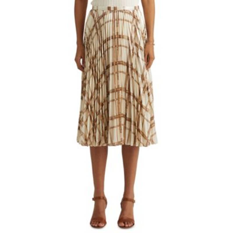 Lauren Ralph Lauren Women's Cream & Tan Metallic Equestrian Print Pleated Skirt