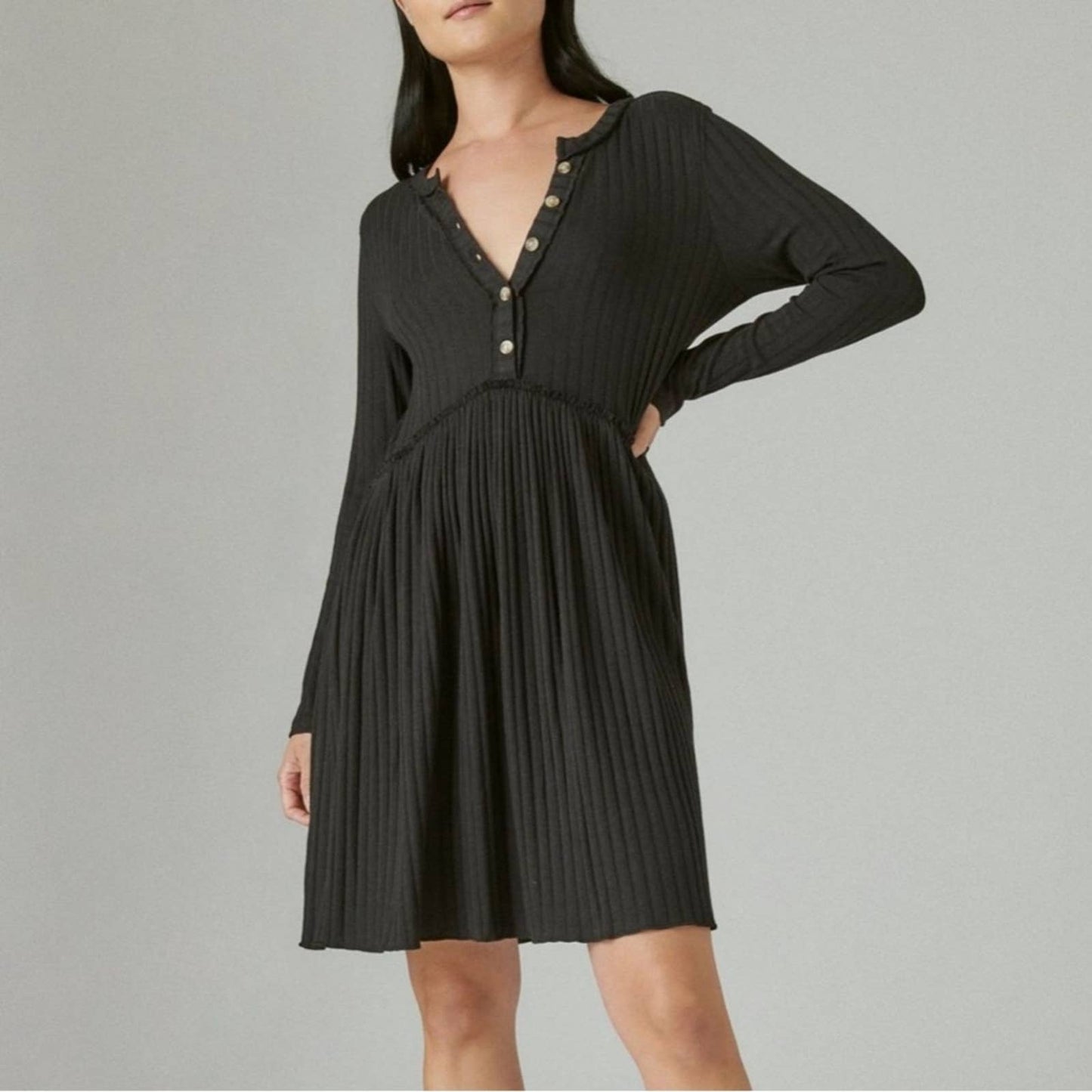 Lucky Brand Ribbed Black Smock Dress, Button Up V-Neck, Long Sleeve, Size XS NWT