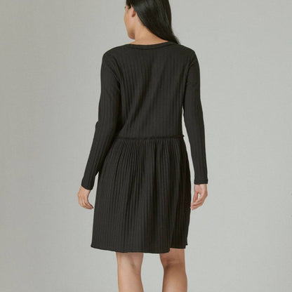 Lucky Brand Ribbed Black Smock Dress, Button Up V-Neck, Long Sleeve