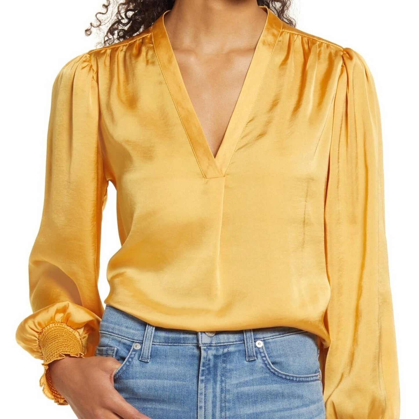 Vince Camuto Yellow Gold Satin Blouse, V-Neck, Ruched Sleeves, Size XXL, NWT!!