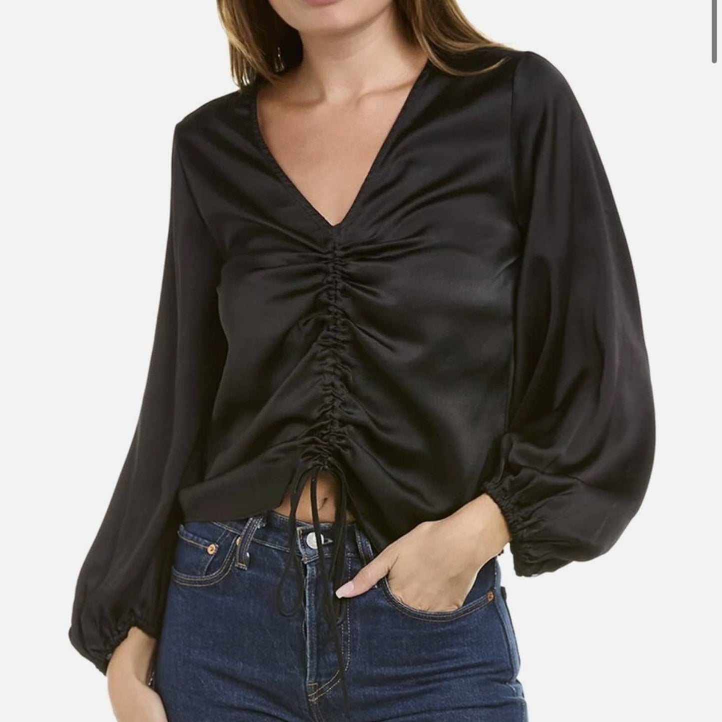 Vince Camuto Black Front Rouched Blouse, Long Sleeve, V-Neck, Size Small, NWT!!