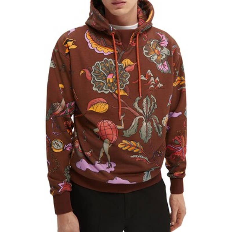 Scotch & Soda Men's Brown Multicolor Graphic Hoodie, Size Medium