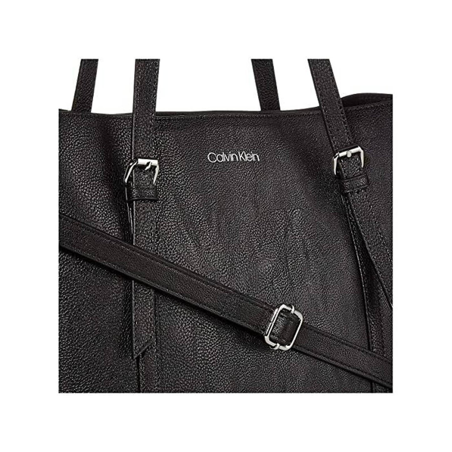 CALVIN KLEIN PYC EAST WEST LEATHER TOTE DOUBLE STRAP, BLACK SILVER