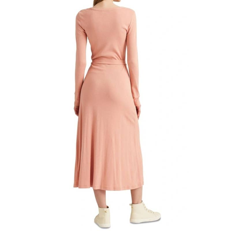 Lauren Ralph Lauren Women's Rose Tan Pink Long Sleeve Ribbed Dress, Belted